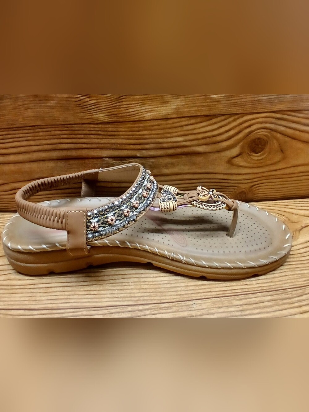 Embellished Tan Beaded T-Strap Sandal